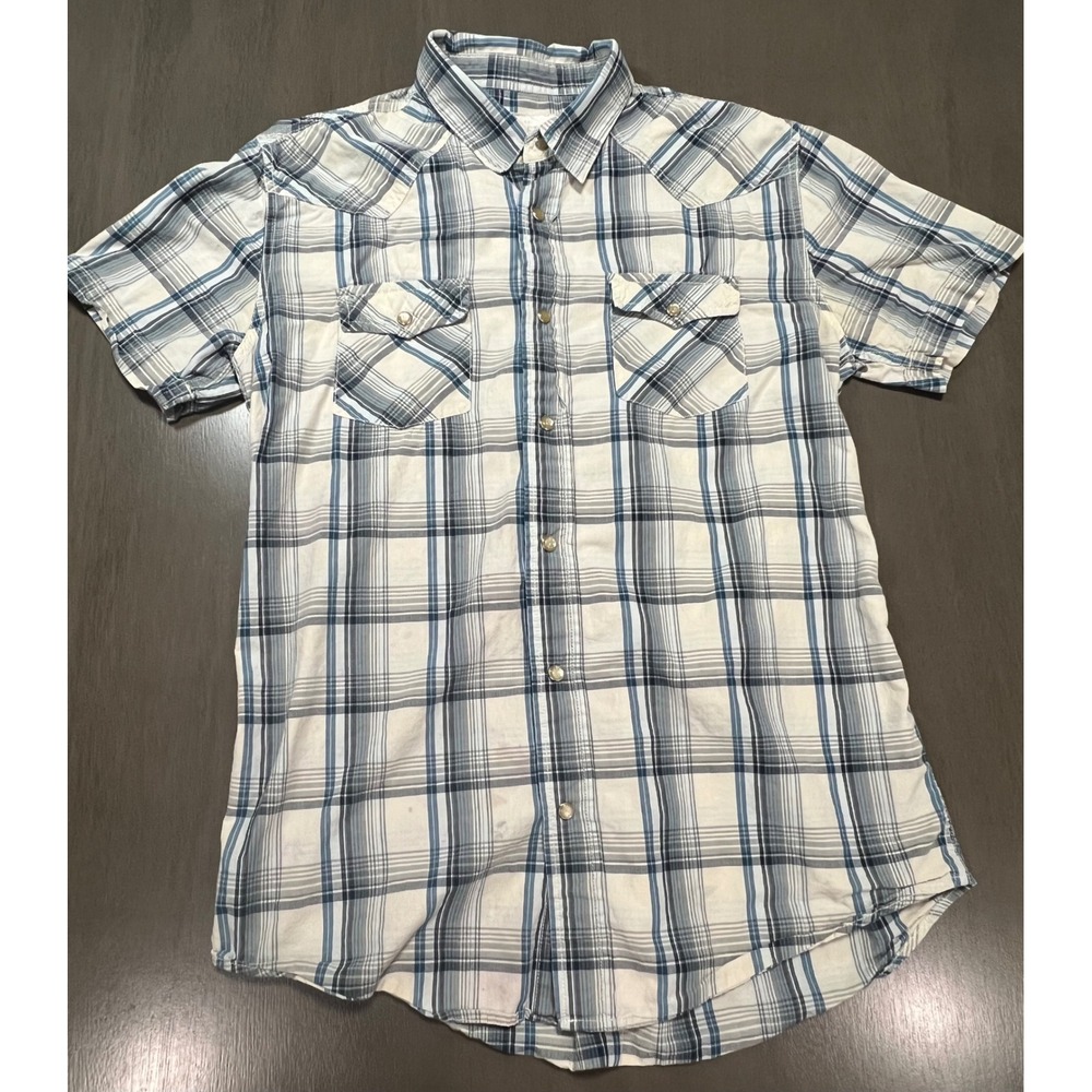Aeropostale Mens Medium Plaid Western Pearl Snap Short Sleeve Shirt Blue White